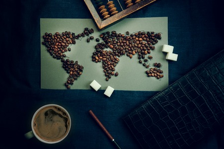 world map of coffee beans. trade and globalization.の写真素材