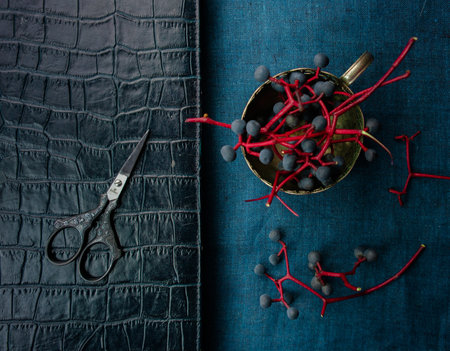 still life. notebook, scissors, and bunches of wild grapes. close-up