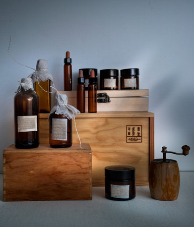 old pharmacy. bottles and jars on wooden shelvesの写真素材
