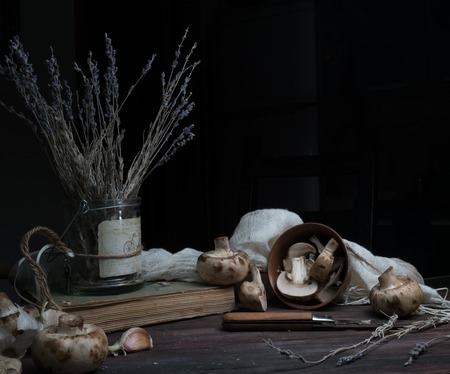 still life, vintage. mushrooms on a dark wooden table. art, old paintingsの写真素材