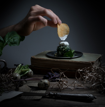 chips, spinach, sauce, book. man's hand on a dark backgroundの写真素材