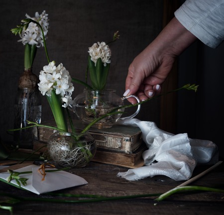 three white hyacinth and freesia in transparent vases, a female hand on  dark backgroundの写真素材