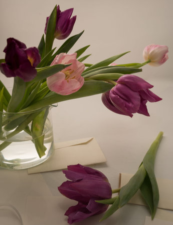 Pink tulips in a clear vase on the table