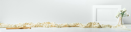 Header, banner for site design. Needlework, handmade. knitting and crocheting, yarn. Horizontal format, space for textの写真素材