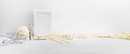 Header, banner for site design. Needlework, handmade. knitting and crocheting, yarn. Horizontal format, space for textの写真素材