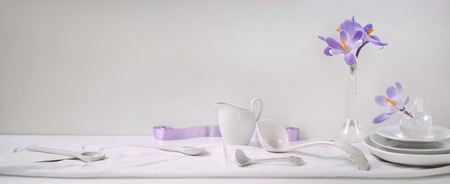 Header, banner for site design. Set of dishes for serving. Horizontal format, space for textの写真素材
