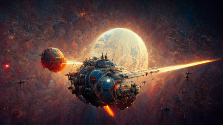 Space ship in deep space. Science fiction art. 3D rendering