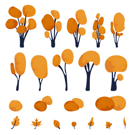 Autumn trees set vector illustration isolated on white background. Trees, bushes, leaves in orange color. Botanical clip art with watercolor texture in flat cartoon styleのイラスト素材