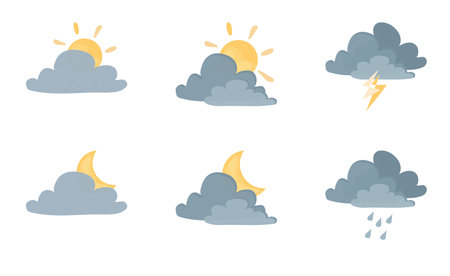 Vector illustration of cloudy weather elements with sun, crescent moon, clouds, raindrops and thunderbolt in flat cartoon style isolated on white backgroundのイラスト素材