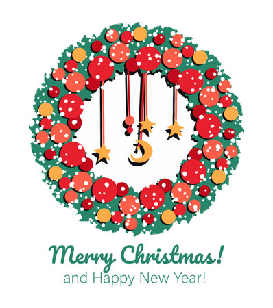 Christmas wreath with red and golden baubles covered by snow and celebration text isolated on white background Greeting card vector illustrationのイラスト素材