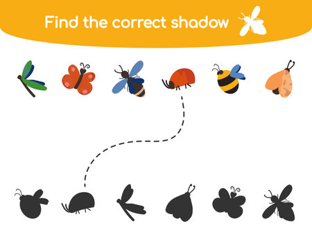 Find the correct shadow Kids educational game with cute bright indects Vector illustration in flat cartoon style for childrens books and magazinesのイラスト素材