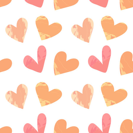 Seamless pattern with cute pastel hearts in beige and pink colours White background Flat cartoon style Watercolor texture Vector illustration for wrapping paper, textile, fabric, packaging decorationのイラスト素材