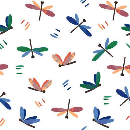 Seamless pattern with cute colorful childish dragonflies and spots on white Flat cartoon style Watercolor texture Vector illustration for wrapping paper, textile, fabric, packaging, nursery decorationのイラスト素材