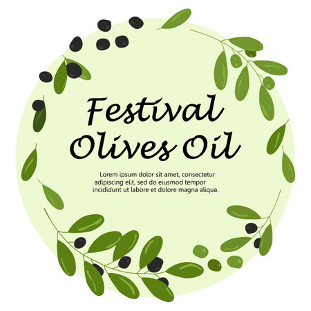Festival olives oil card Olive branches with leaves and green and black olives Wreath with place for text isolated on white background Vector illustration in flat hand drawn styleのイラスト素材