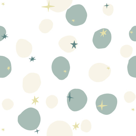Seamless pattern with abstract circle shapes and cute hand drawn stars White, pink and gray colours Flat style vector illustration for wrapping paper, textile, fabric, packaging and nursery decorationのイラスト素材