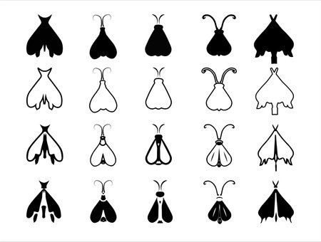 Flat and line style black moth silhouettes isolated on white background Icon vector setのイラスト素材