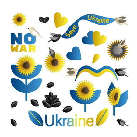 Set of stickers with symbol of Ukraine sunflower. Flowers with patriotic birds and seeds and supporting text. Vector illustration isolated on white background. Flat cartoon styleのイラスト素材