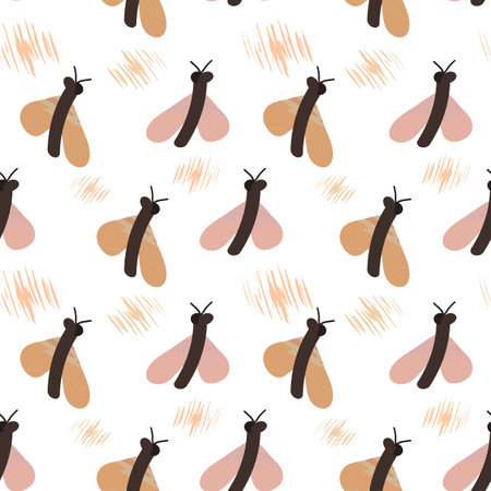 Seamless pattern with cute childish moths and strokes on white background Flat cartoon style with watercolor texture Vector illustration for wrapping paper, textile, nursery decorationのイラスト素材