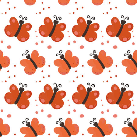 Cute simple childish butterfly seamless pattern with butterflies Flat cartoon style design with funny dots Vector illustration for wrapping paper, cards, textile and fabric and packaging decorationのイラスト素材