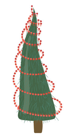 Cute deep green christmas tree with needles Xmas fir decorated by red lights Vector illustration in flat cartoon style isolated on white backgroundのイラスト素材