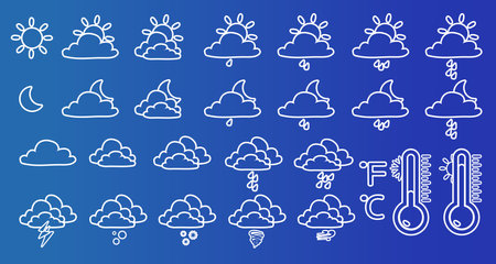 Set of white weather icons isolated on blue background: sun, crescent moon, thermometer, cloud, rain, wind, tornado, snow, lightning, hail Line thin vector illustration for mobile, web, apps, widgetsのイラスト素材