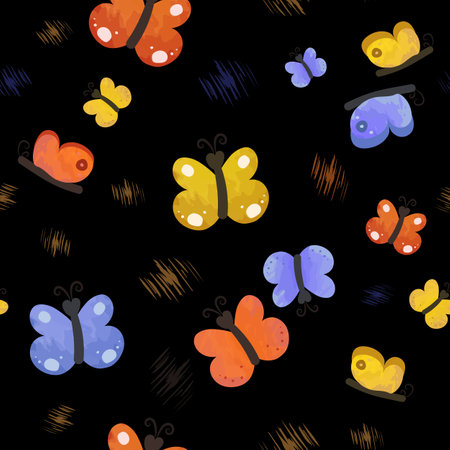 Cute childish butterfly seamless pattern with watercolor texture Flat cartoon style design with strokes Vector illustration for wrapping paper, textile, packaging decorationのイラスト素材
