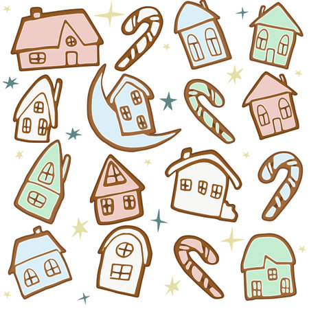 Gingerbread house seamless vector pattern with candy cane and stars Vector illustration in flat cartoon style with christmas cookies isolated on white backgroundのイラスト素材