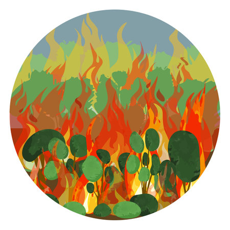 Fire in the forest Wildfire vector illustration in circle shape isolated on white background Flat cartoon style Bright element for design in green, red and orange colours Natural disasterのイラスト素材