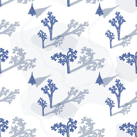 Abstract winter bare trees with shadows seamless pattern set in blue and white colours Vector illustration in flat styleのイラスト素材