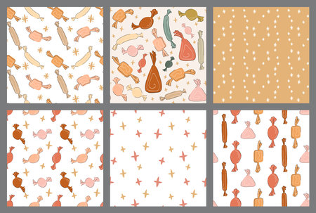 Candies boho seamless pattern set vector illustration with stars in muted neutral palette. Different shapes, colors and sizes. Childish flat doodle style designs isolated on grey backgroundのイラスト素材