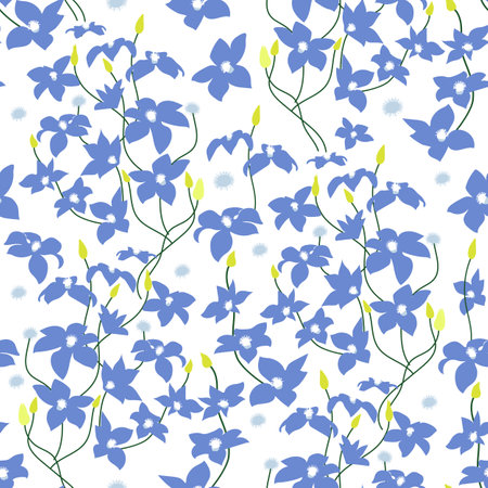 Floral seamless pattern with blue flowers isolated on white background Vector illustration in simple flat style for wrapping paper, textile, fabric and packaging decorationのイラスト素材