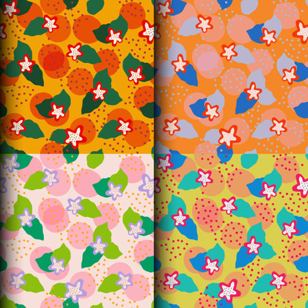 Four abstract seamless patterns with bright pink and orange flowers and leaves. Vector illustration for wrapping paper and fabric and textileのイラスト素材