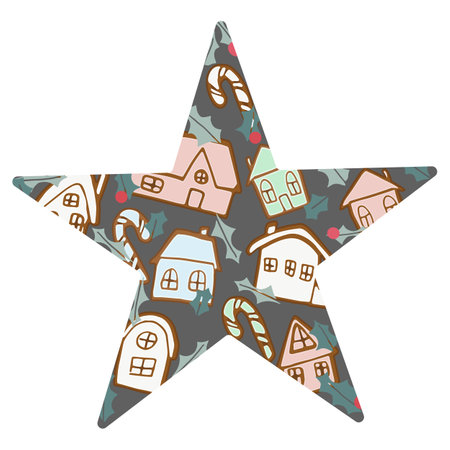 Gingerbread house star shape card vector illustration Cookies with various icing and candy canes and holly on grey background Flat cartoon style vector illustrationのイラスト素材