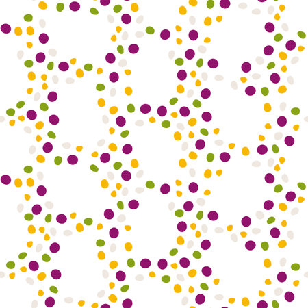 Funny dots in grid seamless pattern. Irregular shapes on white background. Childish colorful design with cute hand drawn circles. Flat cartoon style vector illustrationのイラスト素材