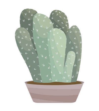 Cacti in pot vector illustration isolated on white background. Muted green houseplant with white thorns. Neutral color palette. Flat cartoon styleのイラスト素材
