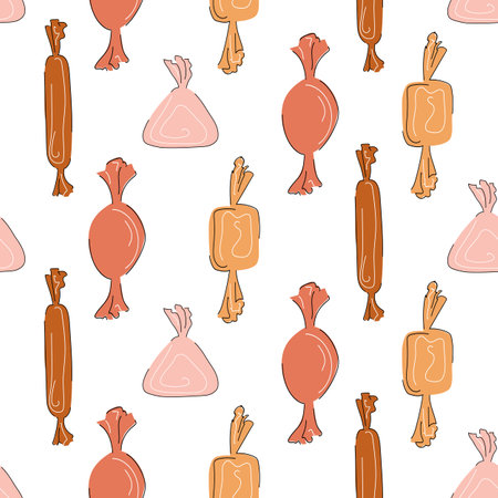 Candies boho seamless pattern vector illustration in muted colors with black and white outline childish flat doodle style design for wrapping paper, textile, fabricのイラスト素材