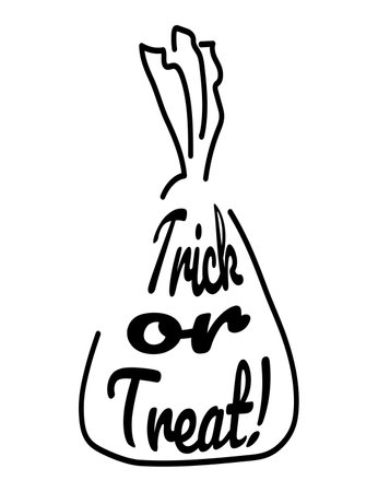 Trick or treat candy Halloween celebration card. Black outline chocolate candy with traditional text isolated on white background. Vector illustration in simple doodle styleのイラスト素材