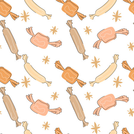 Candies boho seamless pattern vector illustration. Nuted colors with black and white outline. Childish flat doodle style design for wrapping paper, textile, fabricのイラスト素材