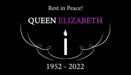 Queen Elizabeth typography vector illustration isolated on black background. Rest in peace design with lit candle decorated by curls. Years of life.のイラスト素材