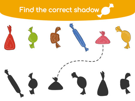 Find the correct shadow. Kids educational game. Cute simple candies in different shapes and colors. Vector illustration in flat cartoon style for childrens books and magazinesのイラスト素材