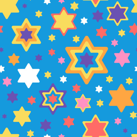 Star of David seamless pattern in bright colours on blue background Vector illustration for Hanukkah holiday, wrapping paper, textile, fabric and packaging decorationのイラスト素材