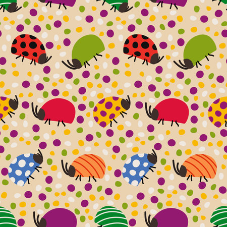 Colorful bugs seamless pattern with funny dots. on Childish design with cute hand drawn insects. Simple flat cartoon style vector illustration for wrapping paper, nursery decorationのイラスト素材