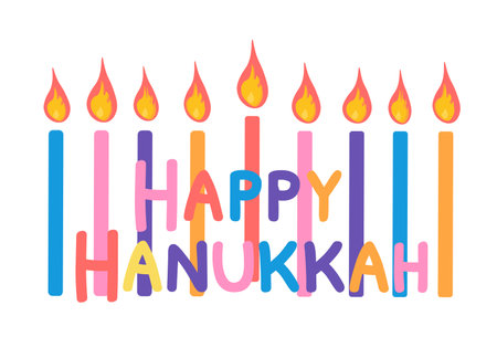 Happy Hanukkah celebration card. Colorful candles with flame and text isolated on white background. Vector illustration in flat cartoon styleのイラスト素材