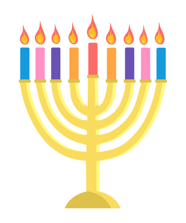 Hunukkah menorah icon vector illustration isolated on white background Golden menora sticker with 7 bright colorful short thick candles. Vector illustration in flat styleのイラスト素材