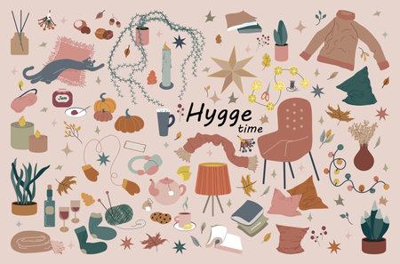 Hygge time autumn and winter set vector illustration. Cozy and warm collection in neutral scandinavian palette. Home decor and leasure time elements. All objects are isolatedのイラスト素材