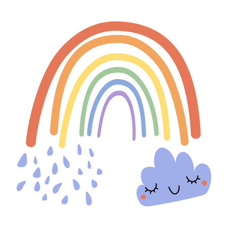 Rainbow with cloud and raindrops vector illustration isolated on white background Hand drawn childish card with cute funny elements Flat cartoon styleのイラスト素材