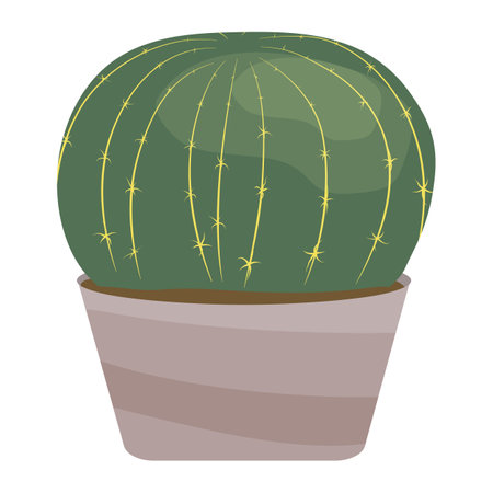 Cactus in pot vector illustration isolated on white background Round green houseplant with yellow thorns Neutral color palette Flat cartoon styleのイラスト素材