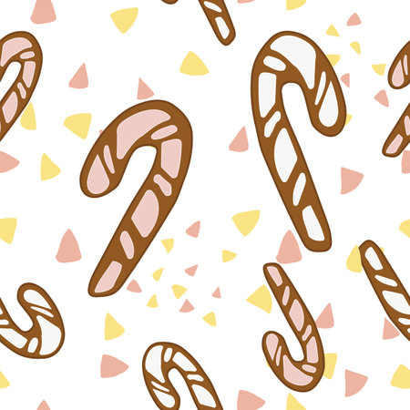 Candy cane seamless pattern isolated on white background with colorful triangles. White and pink hand drawn christmas cookies. Vector illustration in flat cartoon styleのイラスト素材