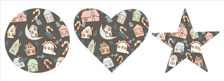 Gingerbread houses cards set vector illustration with holly and candy canes Christmas cookies with various icing isolated on grey background Flat cartoon styleのイラスト素材