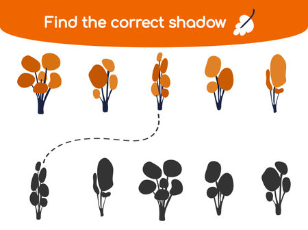 Find the correct shadow. Kids educational game. Cute autumn trees of different shapes. Vector illustration in flat cartoon style for childrens books and magazinesのイラスト素材